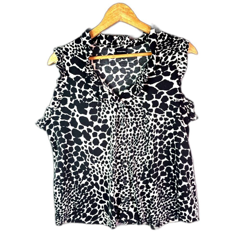 Who What Wear Blouse Black White XL Animal Print Ruffle Button Front